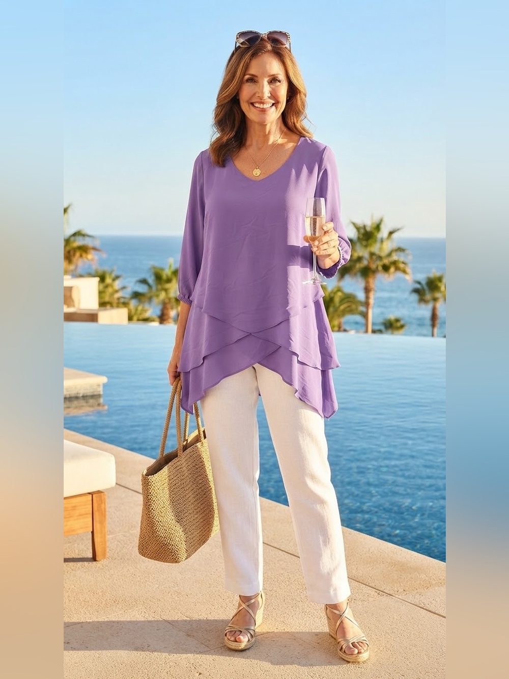 SIZE LARGE Susan Graver® NEW Purple Layered Tunic Top Spandex